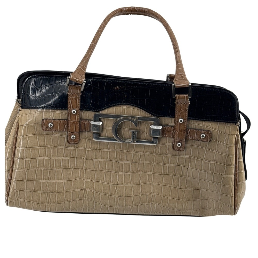 Guess Shoulder Bag Women's Tan Black Vintage Croc Embossed Logo Buckle Satchel - Picture 3 of 7